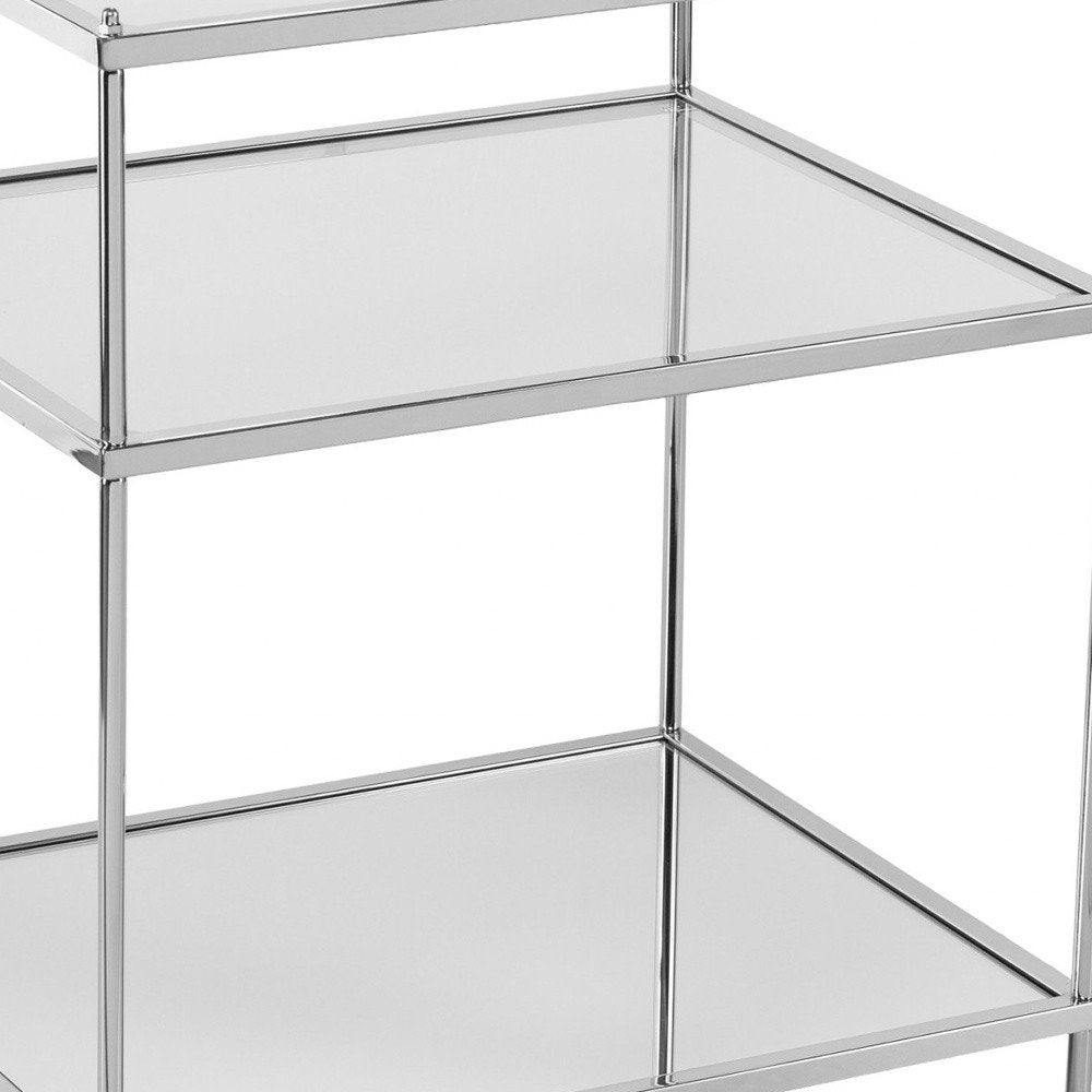 27" Silver Mirrored Glass And Iron End Table With Shelf