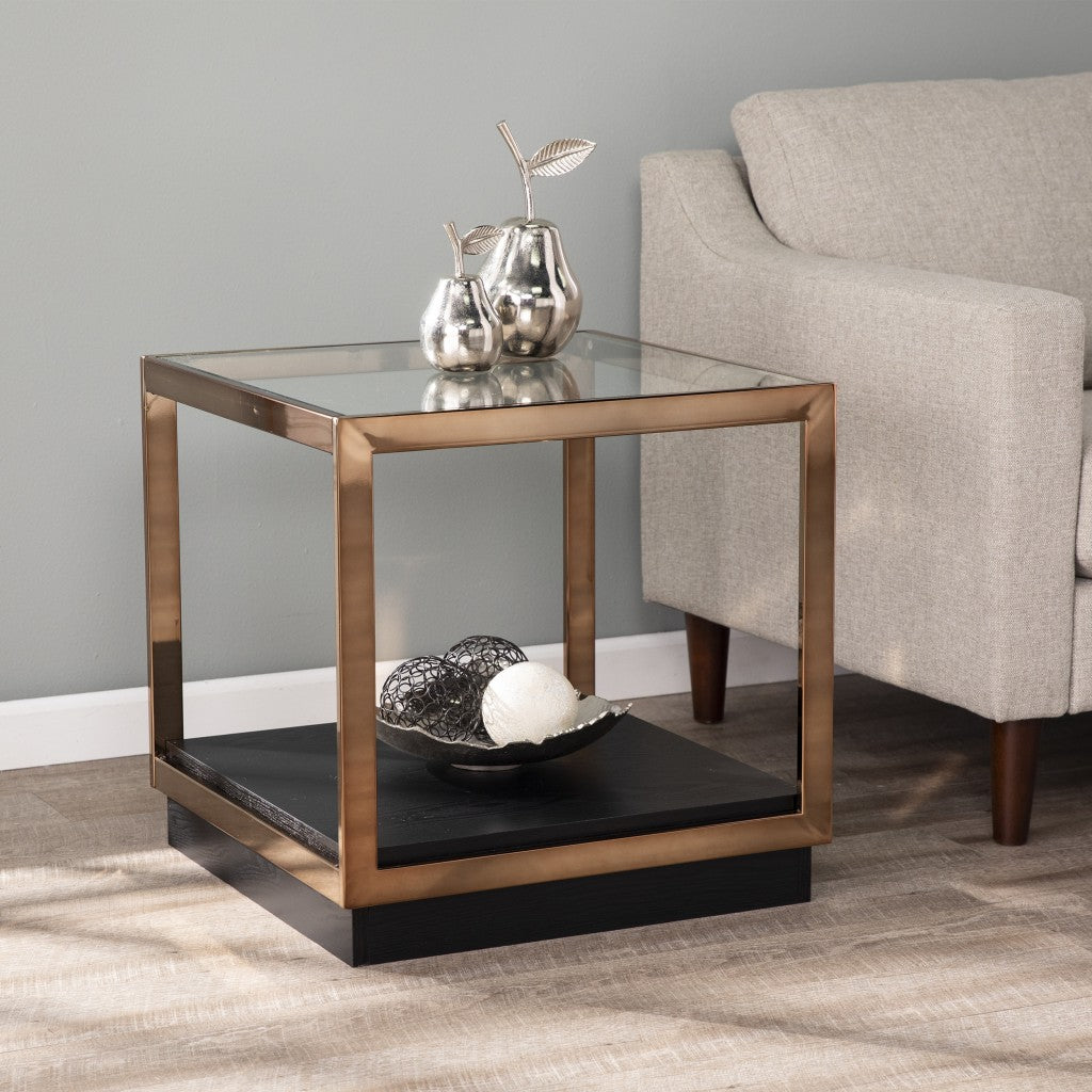 22" Champagne Glass And Iron Square Block End Table With Shelf