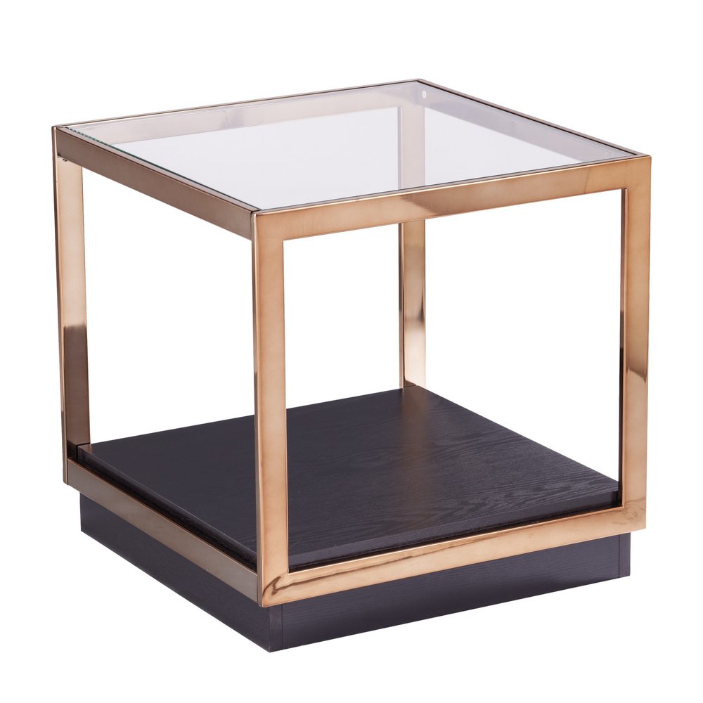 22" Champagne Glass And Iron Square Block End Table With Shelf