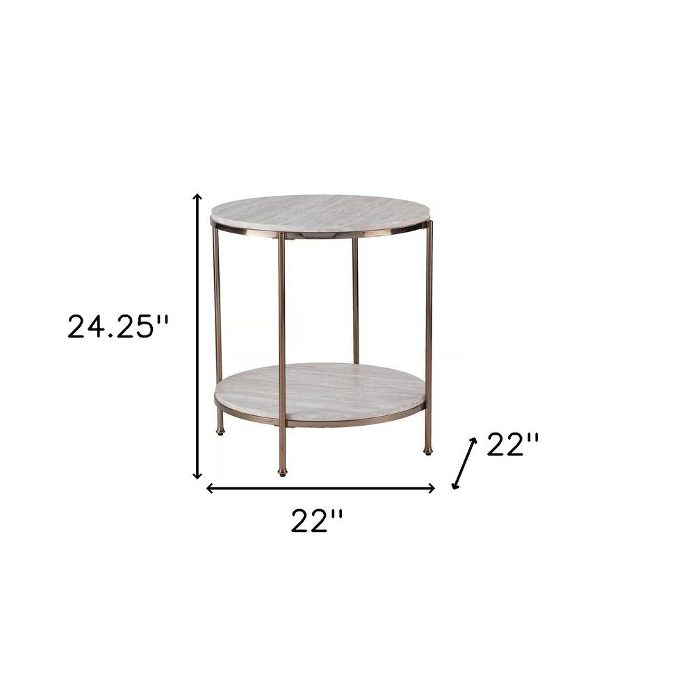 24" Champagne Faux Marble And Iron Round End Table With Shelf