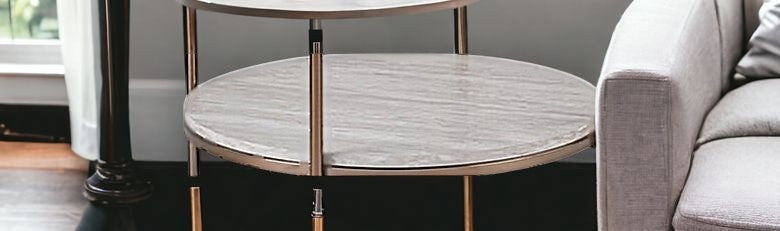 24" Champagne Faux Marble And Iron Round End Table With Shelf