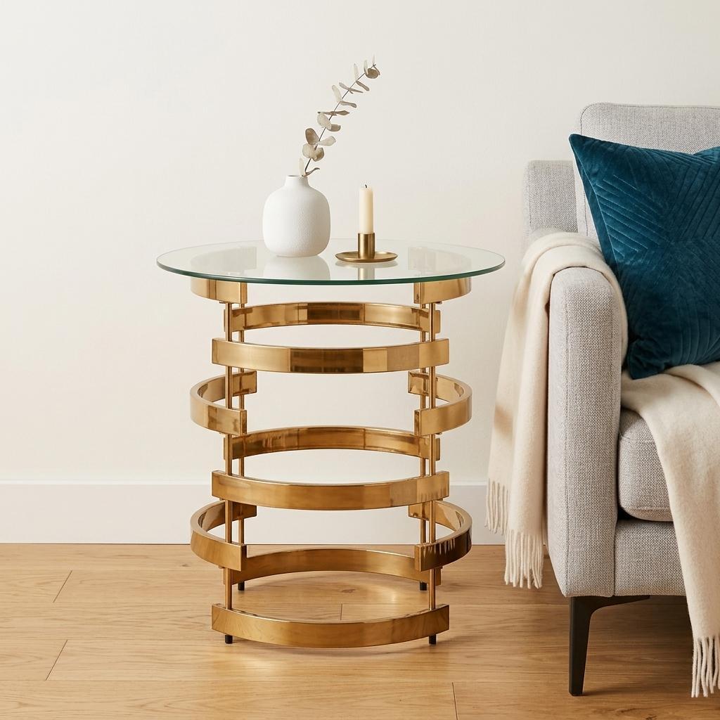 21" Champagne Glass And Iron Round End Table