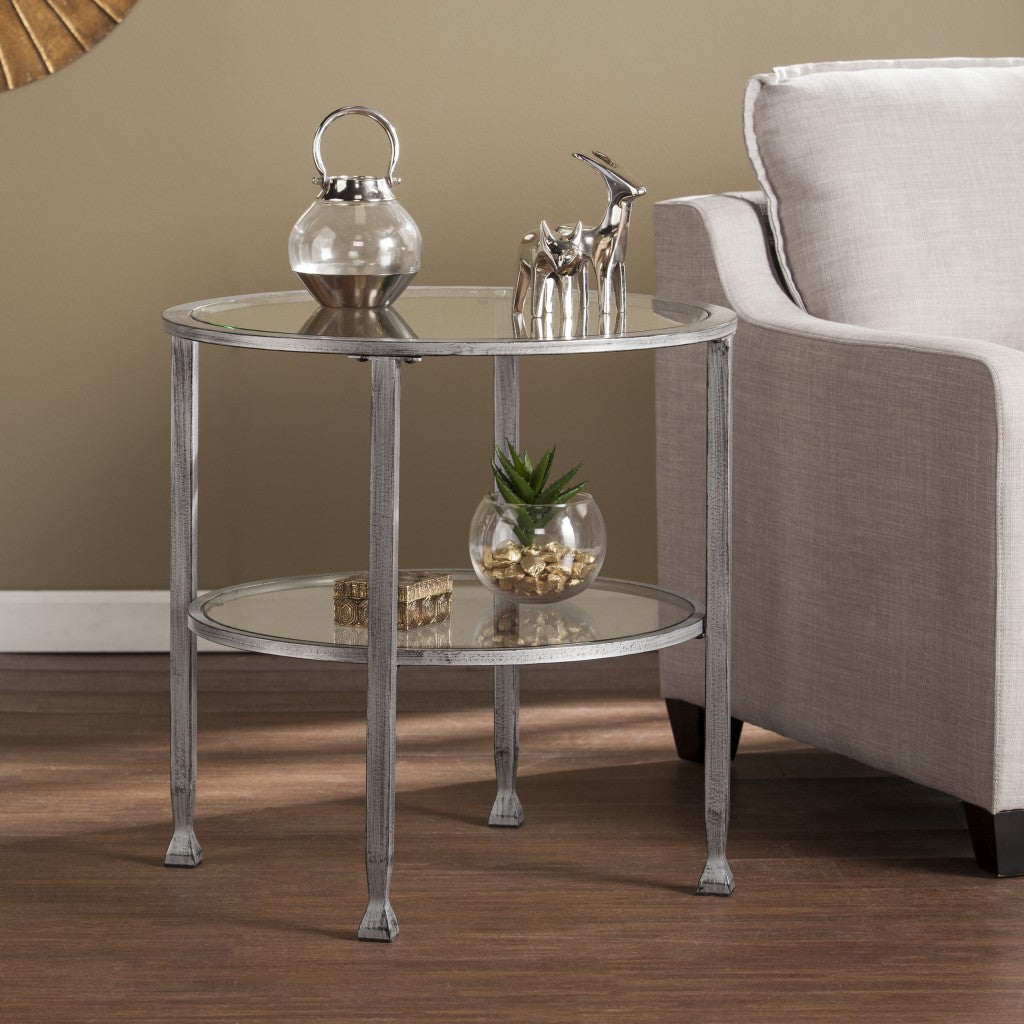 24" Silver And Clear Glass And Distressed Iron Round End Table With Shelf