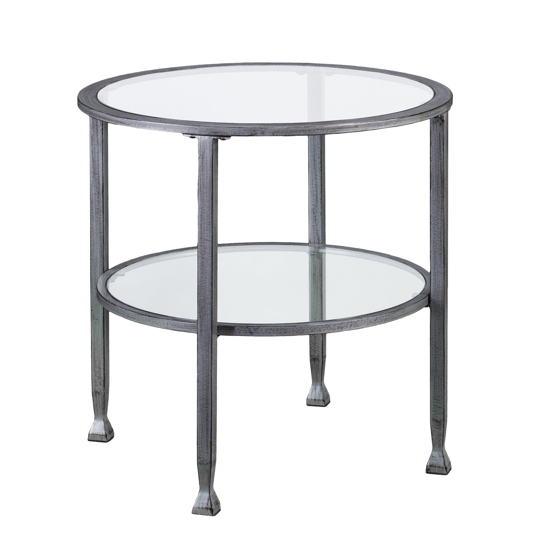 24" Silver And Clear Glass And Distressed Iron Round End Table With Shelf