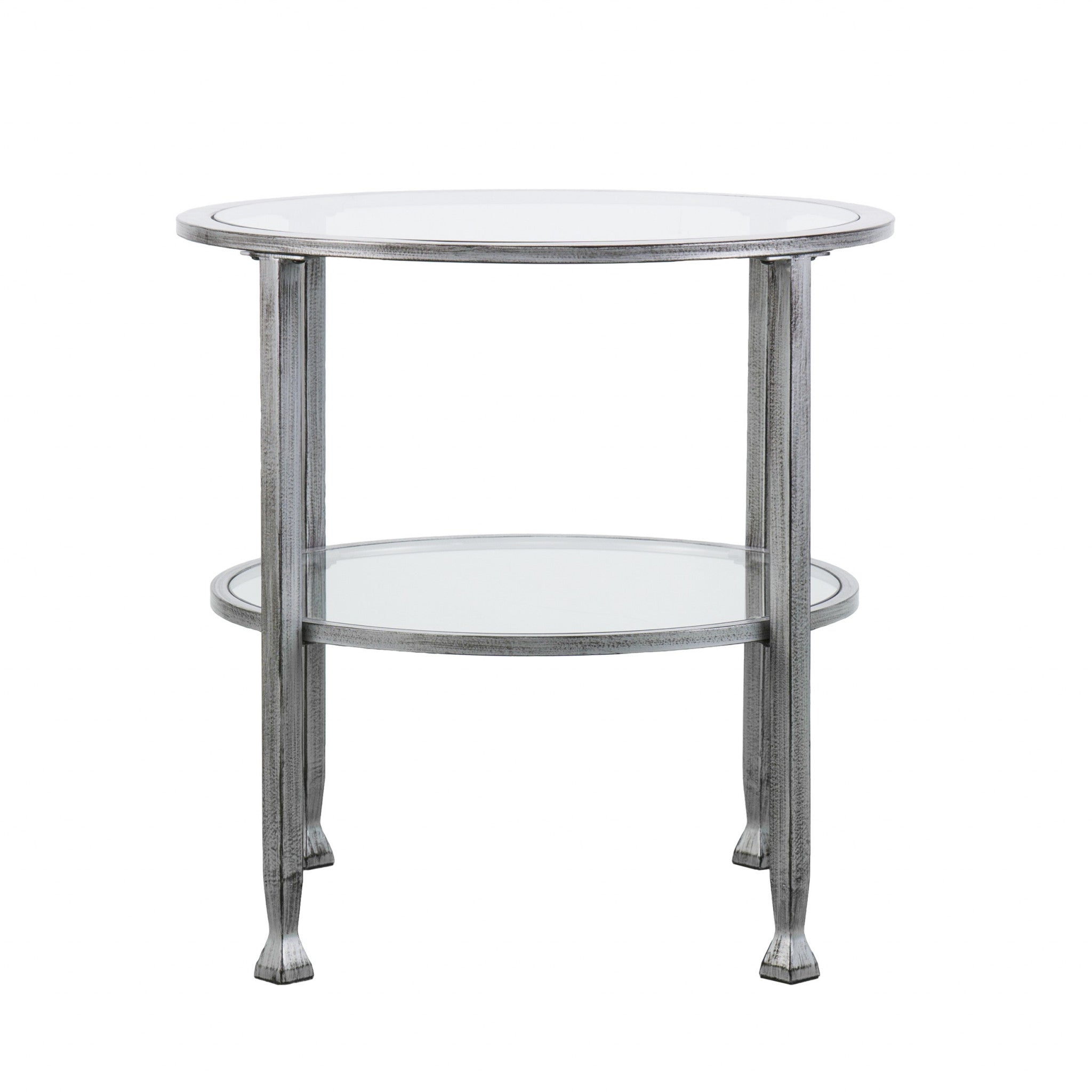 24" Silver And Clear Glass And Distressed Iron Round End Table With Shelf