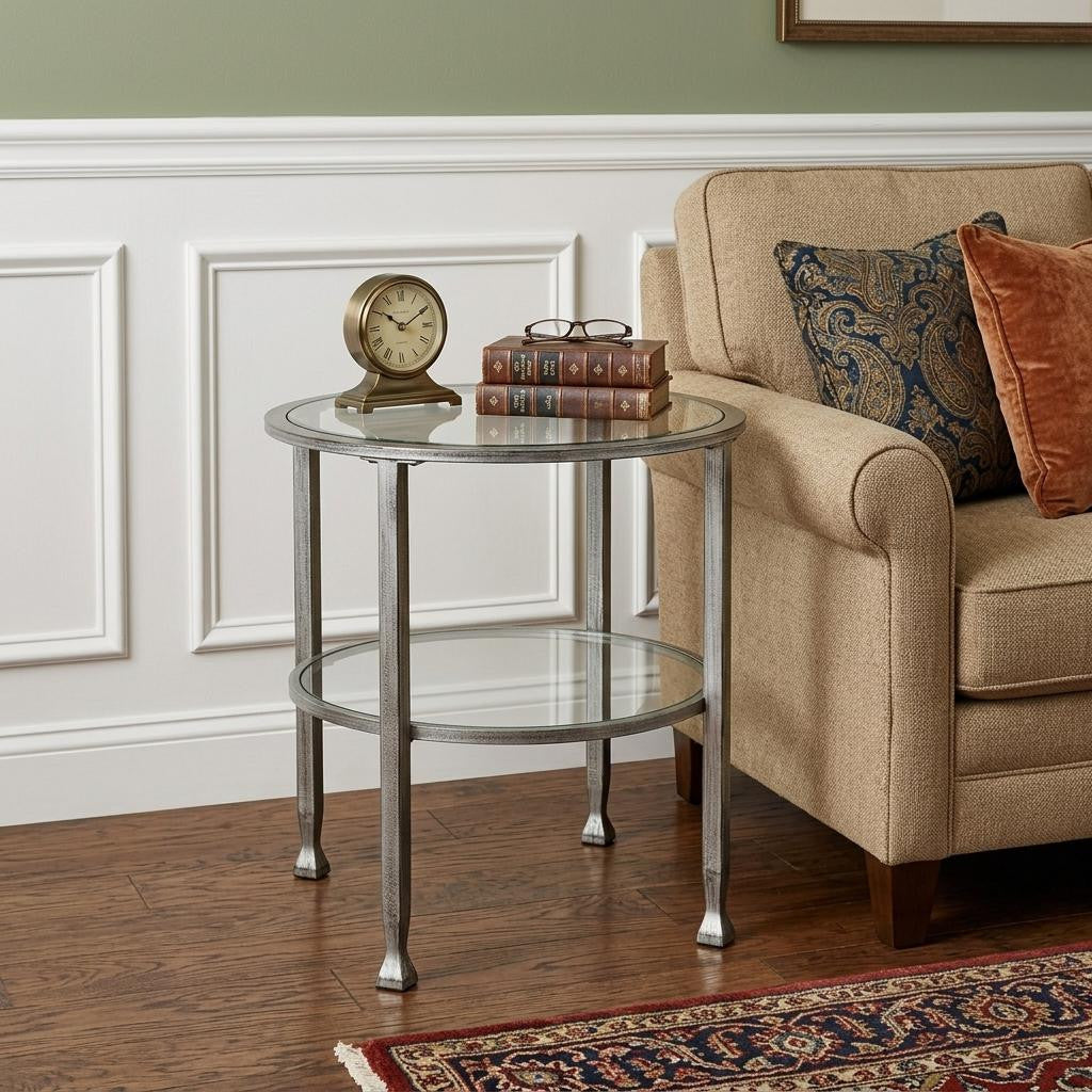 24" Silver And Clear Glass And Distressed Iron Round End Table With Shelf