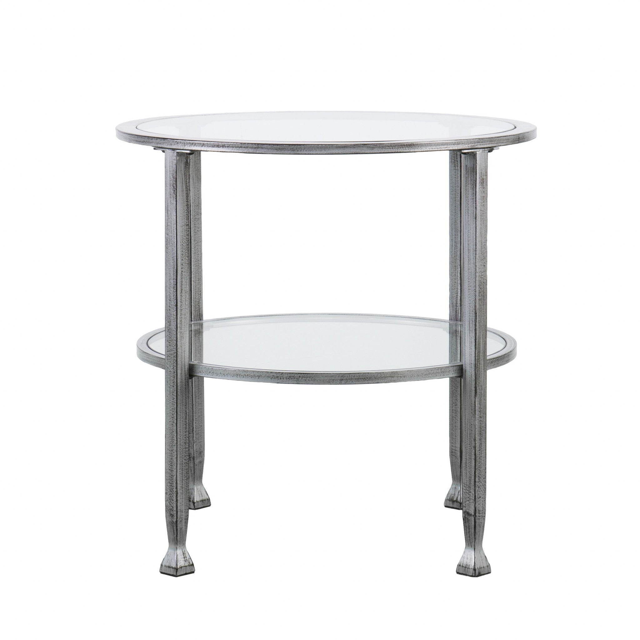 24" Silver And Clear Glass And Distressed Iron Round End Table With Shelf