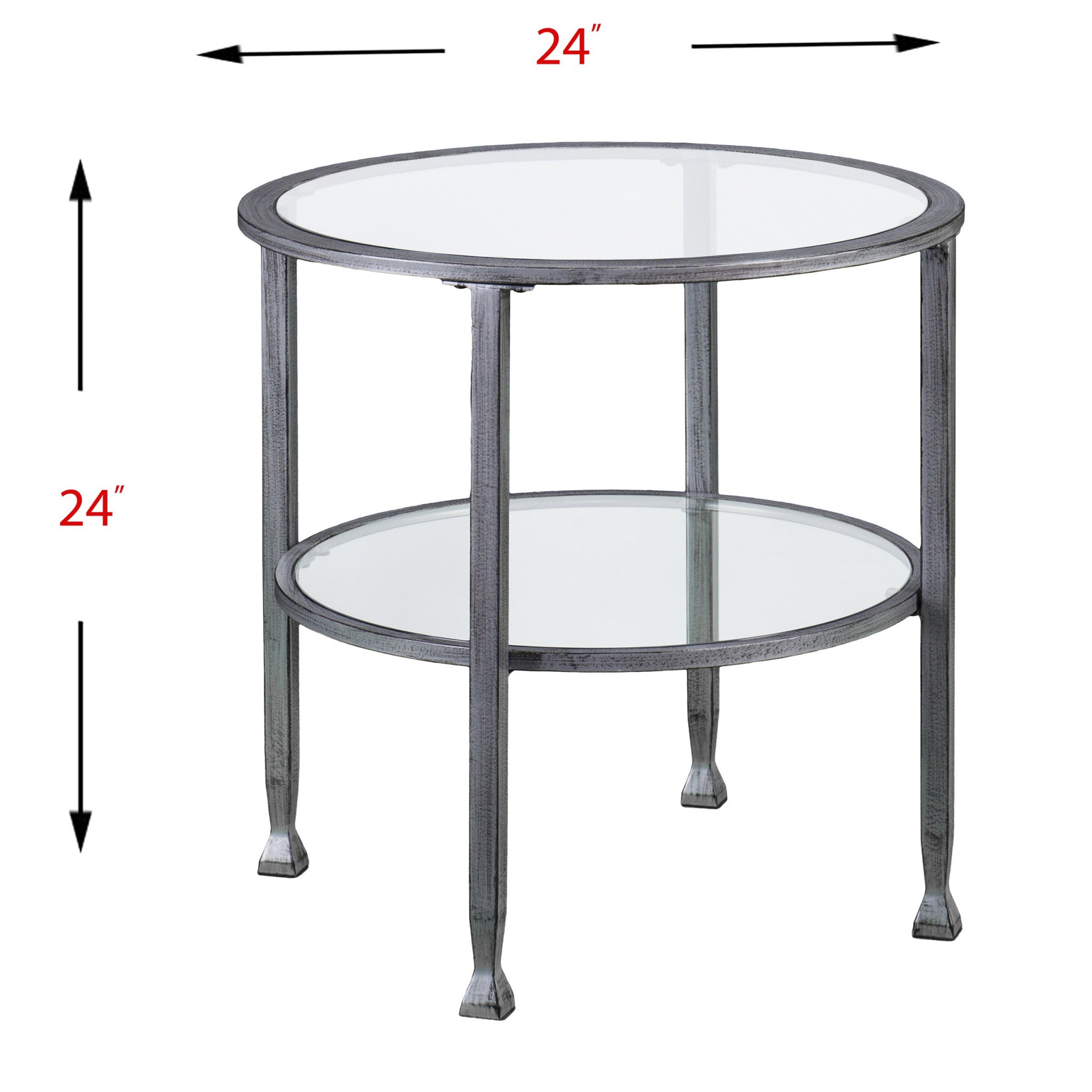 24" Silver And Clear Glass And Distressed Iron Round End Table With Shelf