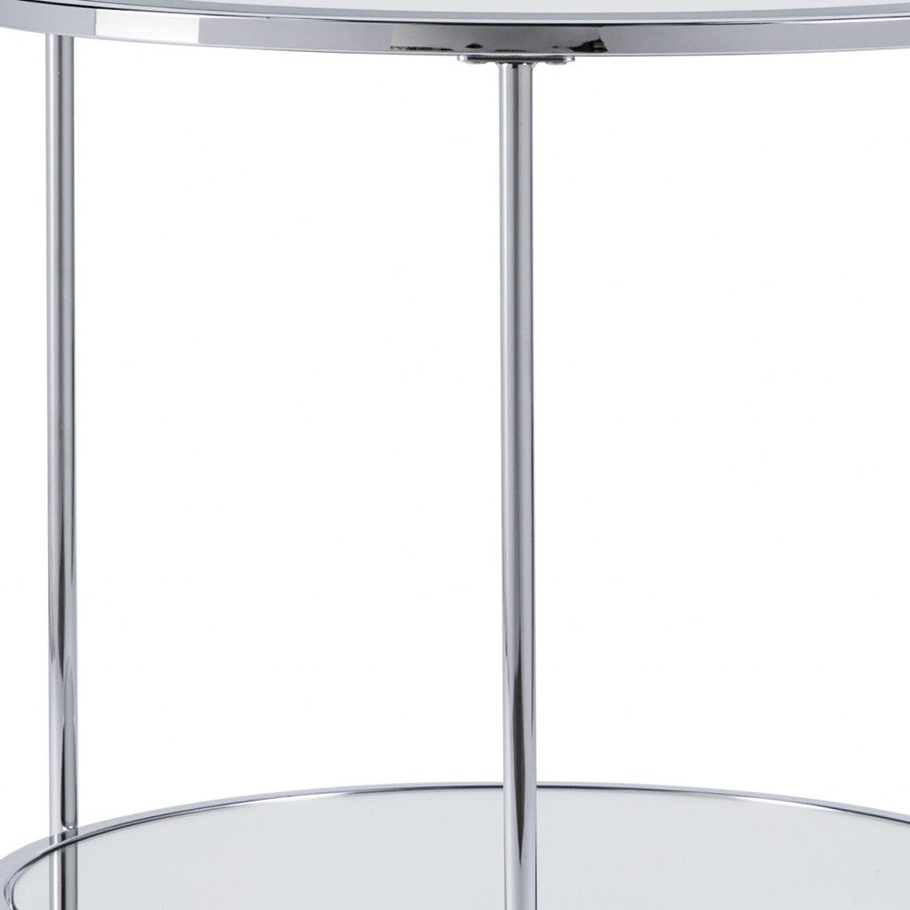 26" Chrome Glass And Iron Round Mirrored End Table With Shelf