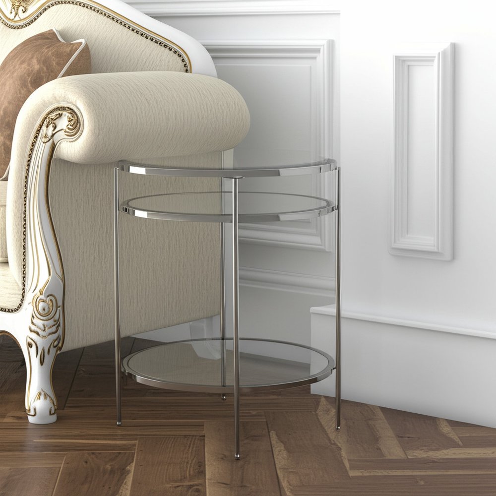 26" Chrome Glass And Iron Round Mirrored End Table With Shelf