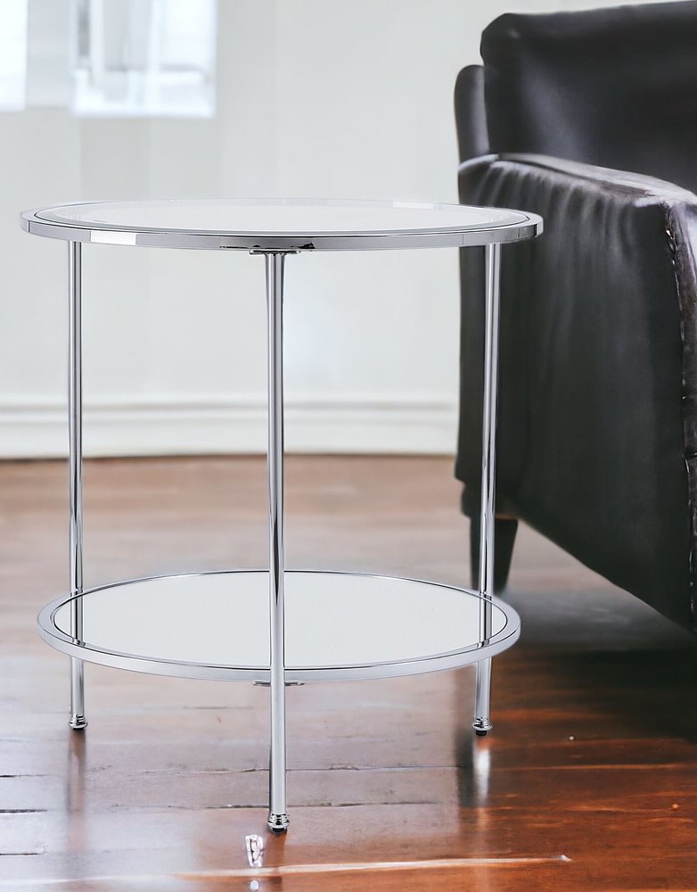 26" Chrome Glass And Iron Round Mirrored End Table With Shelf