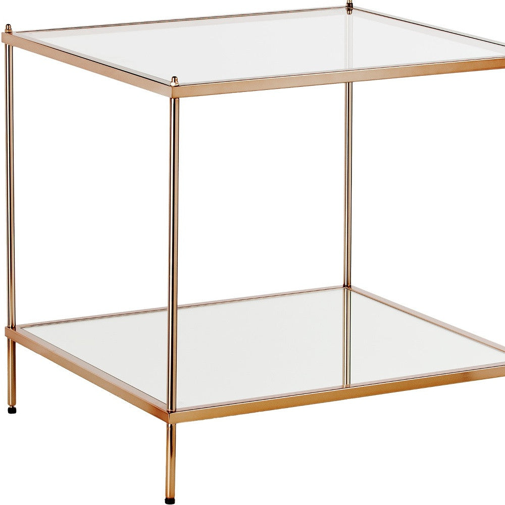 22" Clear And Gold Glass And Iron Square End Table With Shelf