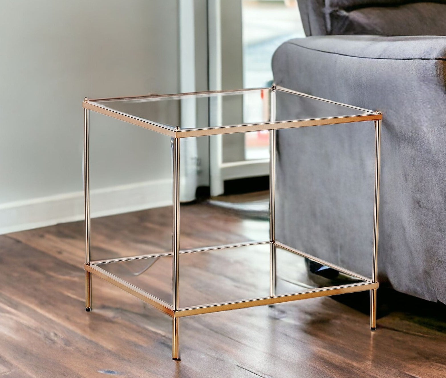 22" Clear And Gold Glass And Iron Square End Table With Shelf