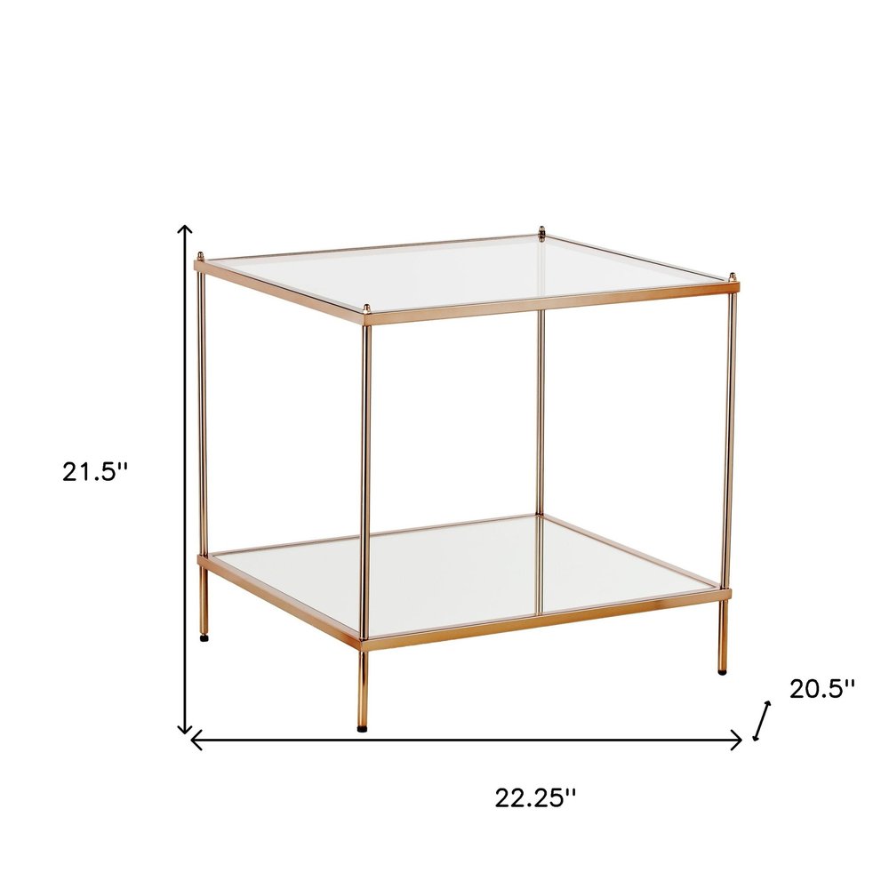 22" Clear And Gold Glass And Iron Square End Table With Shelf