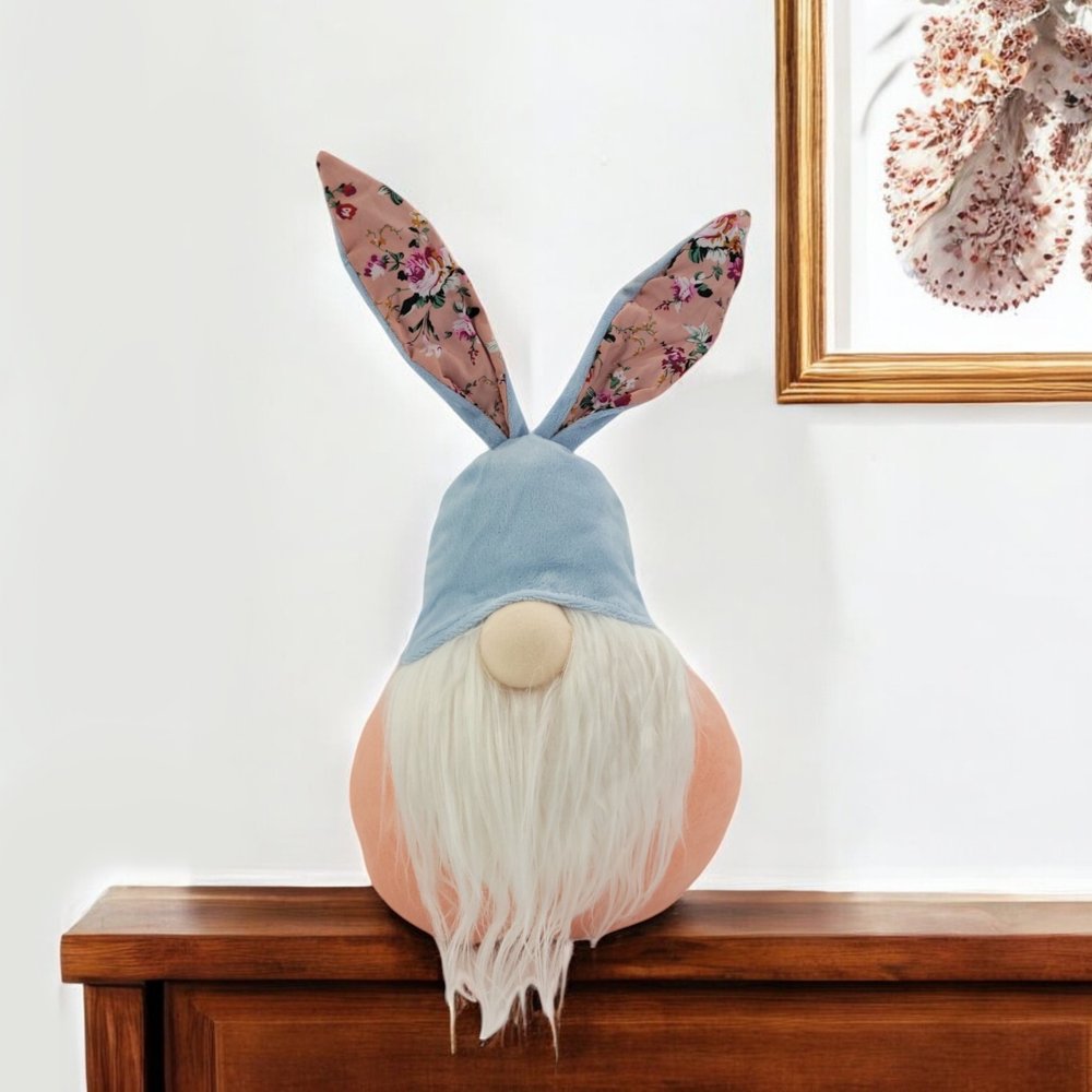 16" Blue And Pink Fabric Boho Bunny Ears Gnome