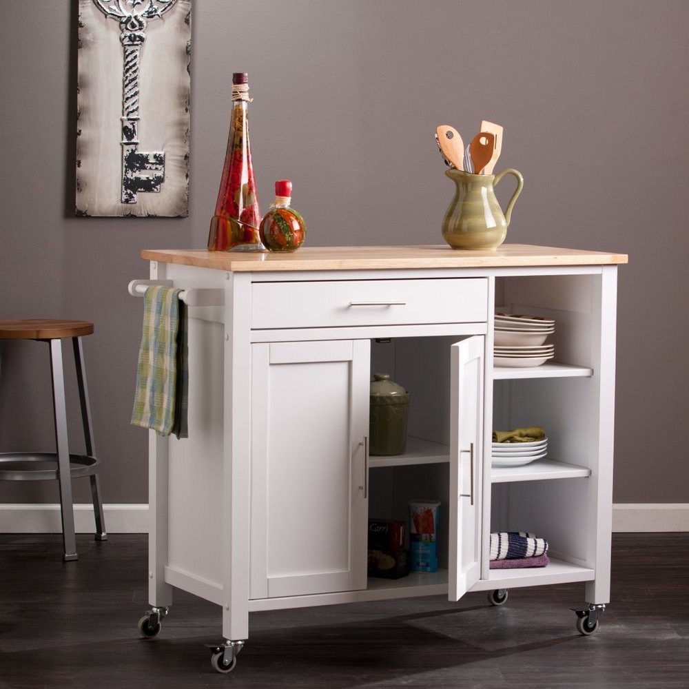 42" Natural and White Butcher Block and Iron Rolling Kitchen Cart With Storage
