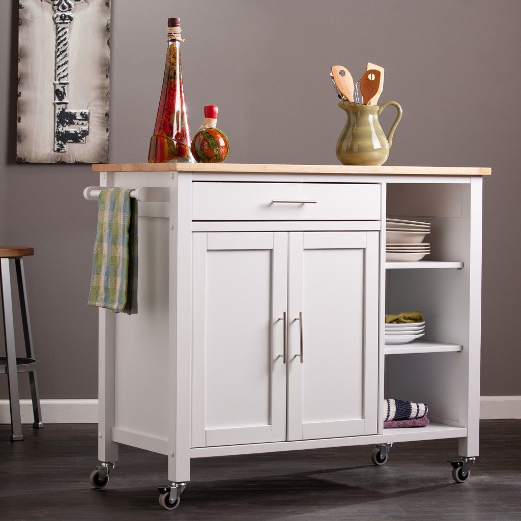 42" Natural and White Butcher Block and Iron Rolling Kitchen Cart With Storage