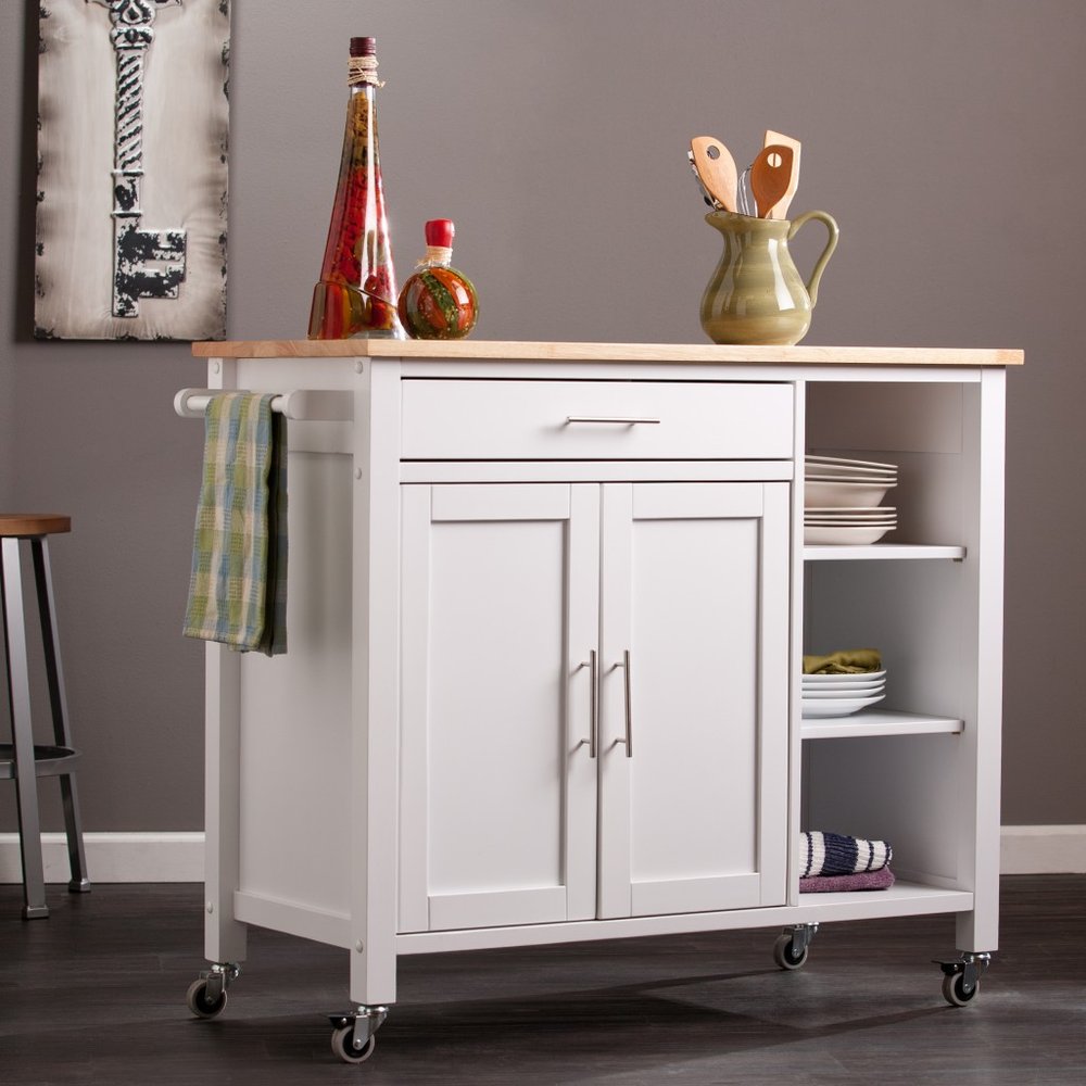 42" Natural and White Butcher Block and Iron Rolling Kitchen Cart With Storage
