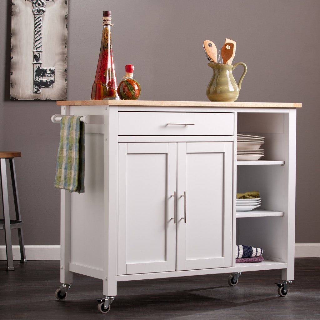 White and Natural 42" Rolling Kitchen Cart With Storage