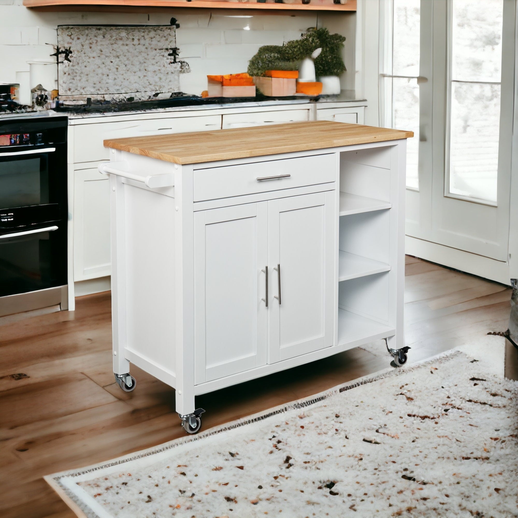 White and Natural 42" Rolling Kitchen Cart With Storage