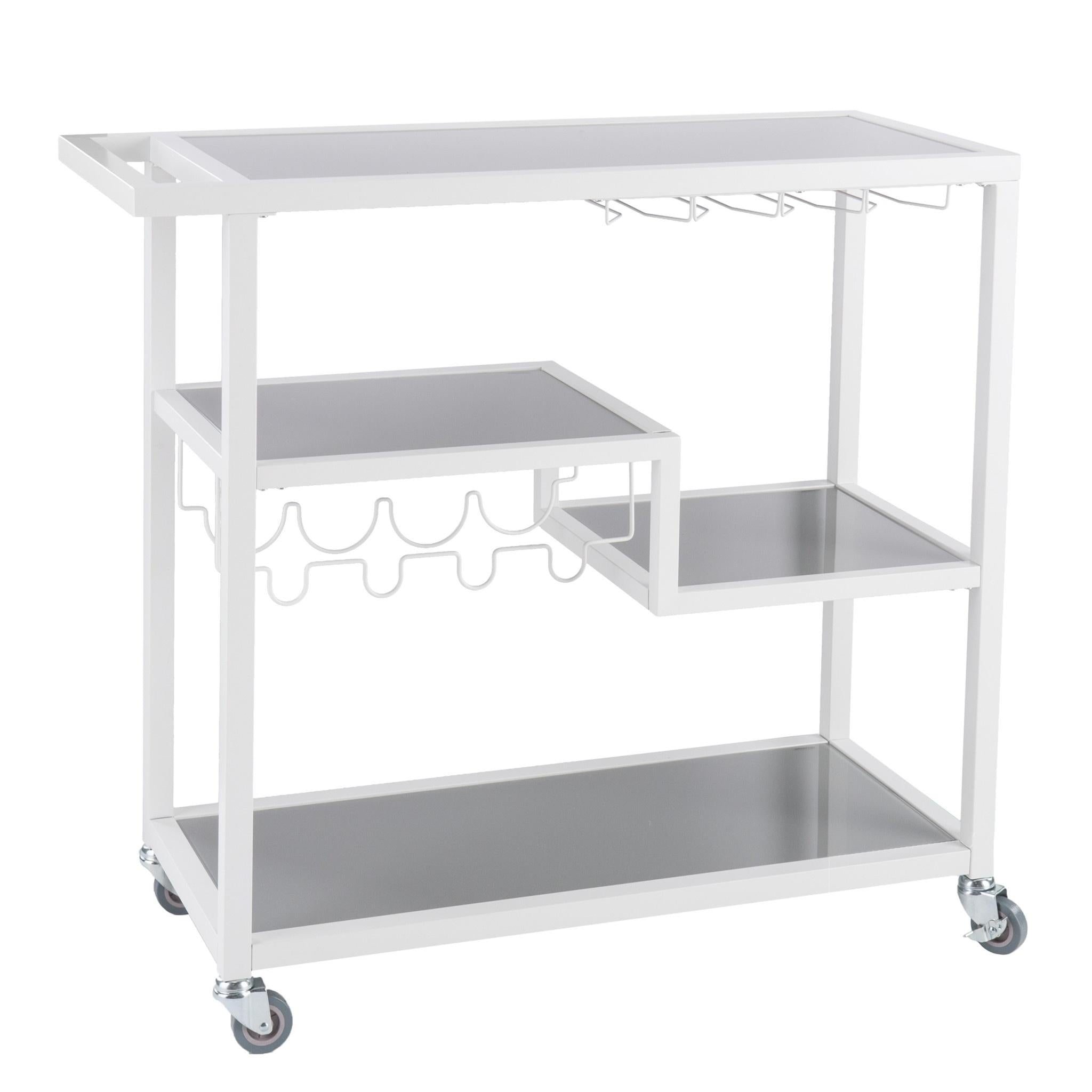 Gray and White Metal And Glass Rolling Bar Cart With Wine Storage