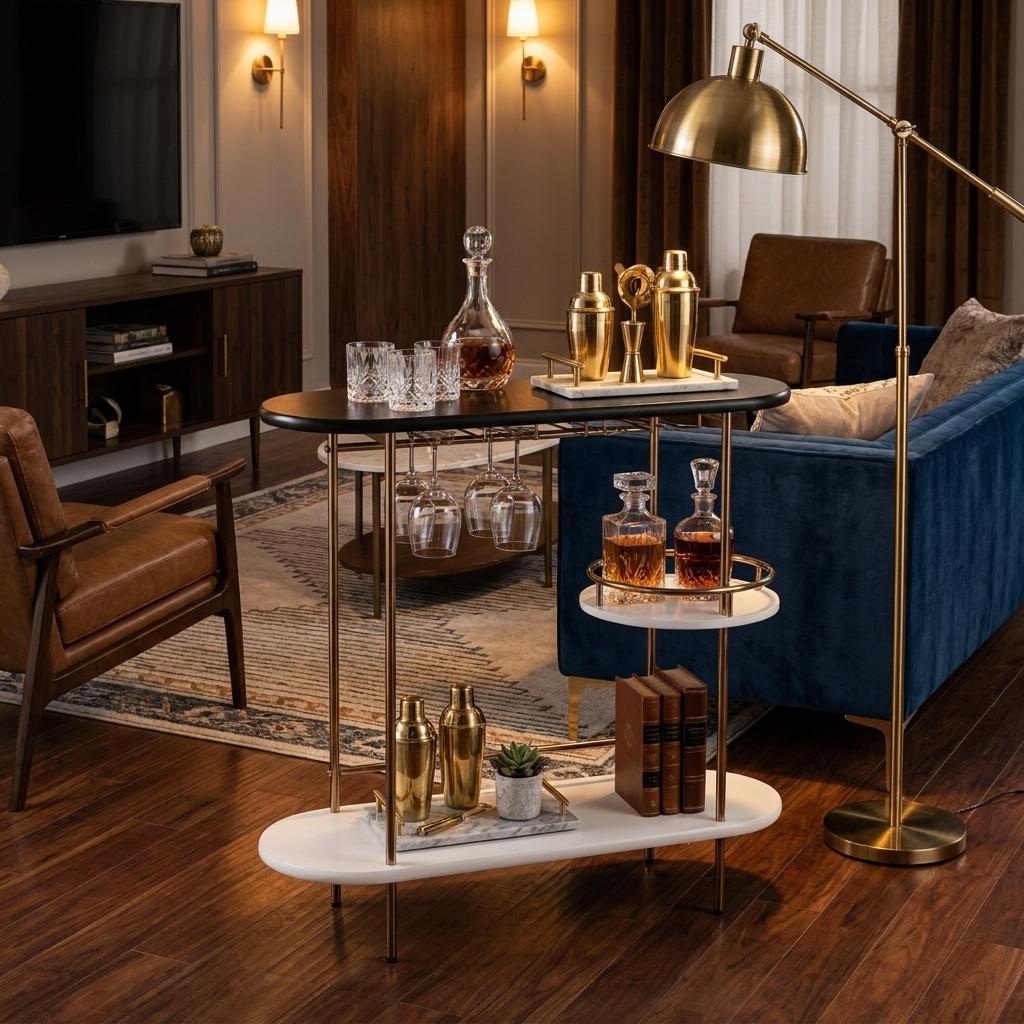 Gold Black and White Metal Oval Bar Cart With Wine Storage