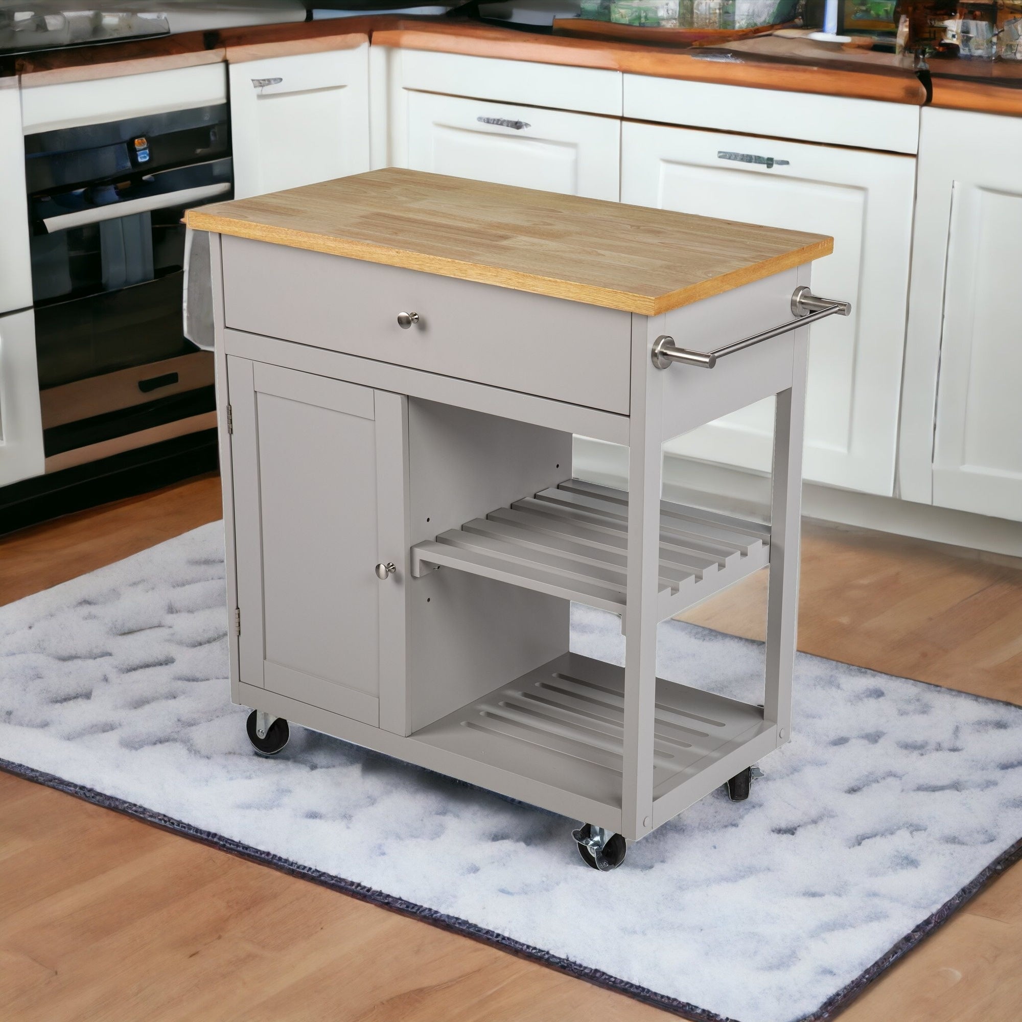 Gray and Natural 35" Rolling Kitchen Island With Storage