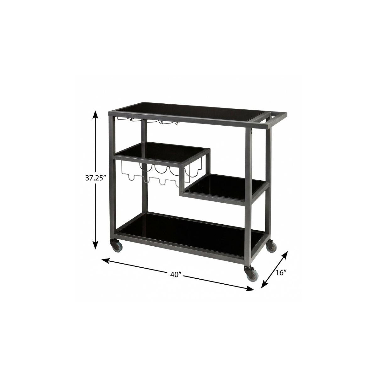 Black and Gray Glass Rolling Bar Cart With Wine Storage