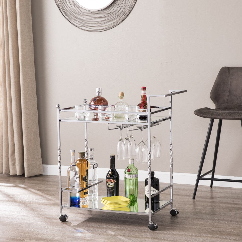 29" Silver Metal and Mirrored Glass Rolling Bar Cart With Wine Storage