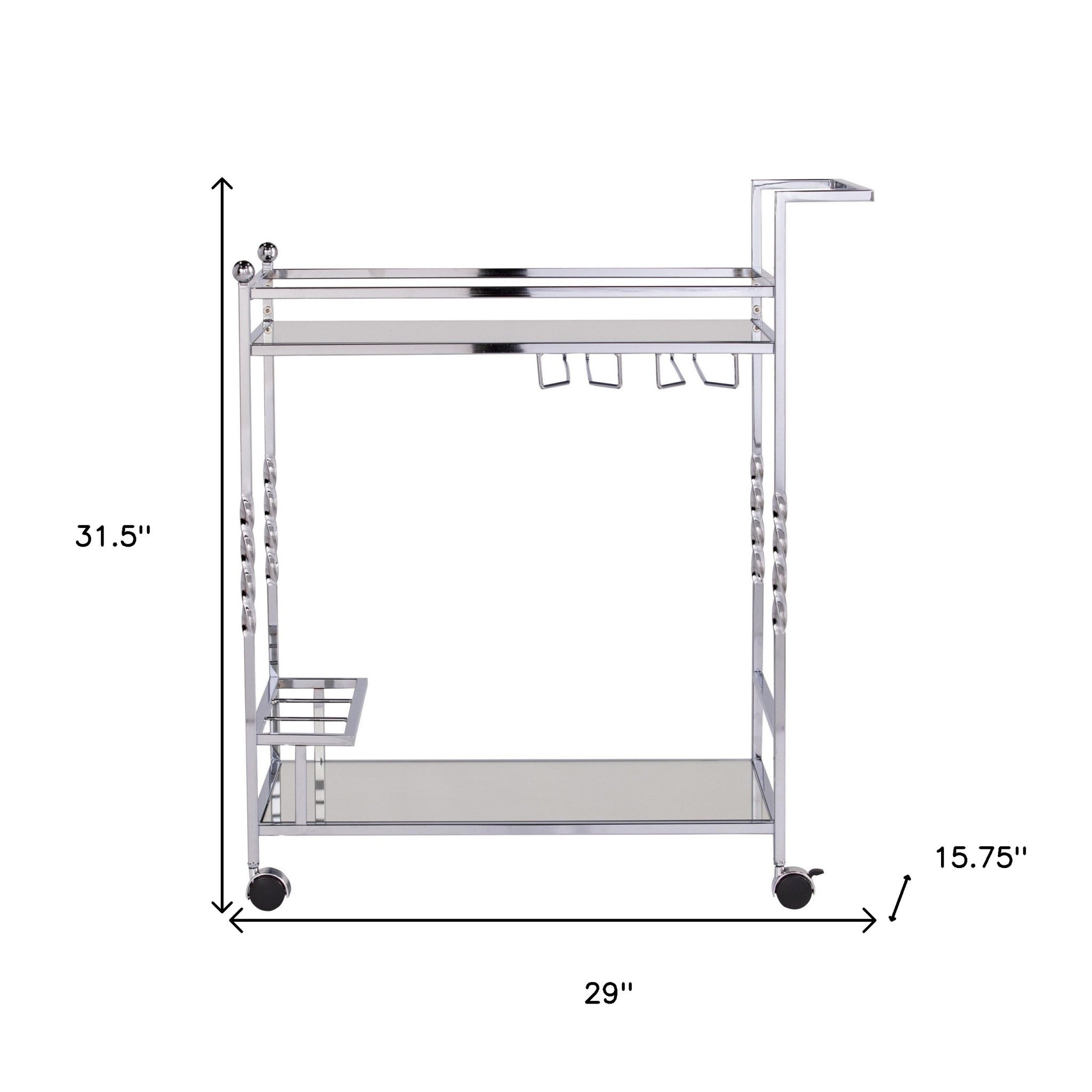 29" Silver Metal and Mirrored Glass Rolling Bar Cart With Wine Storage