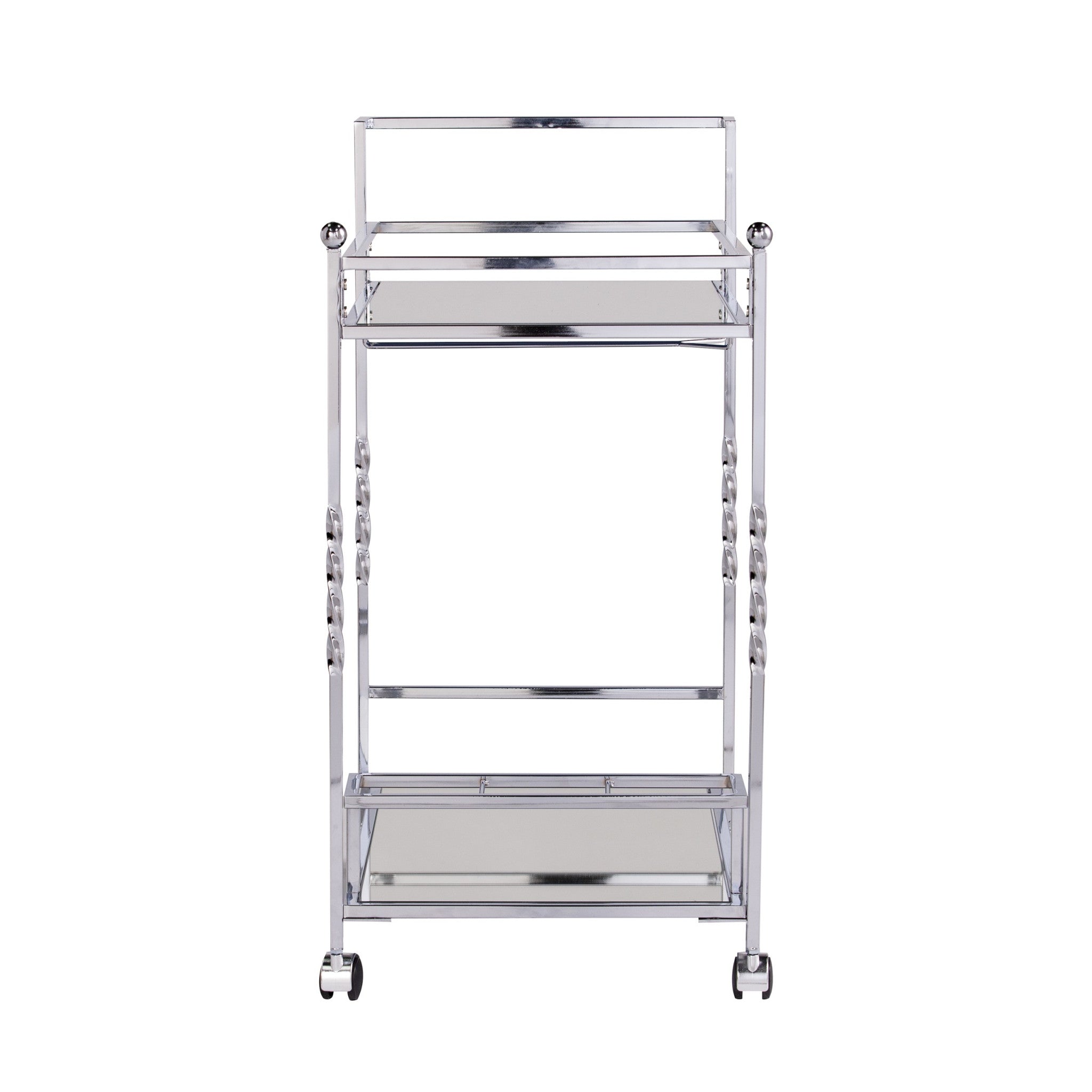 29" Silver Metal and Mirrored Glass Rolling Bar Cart With Wine Storage