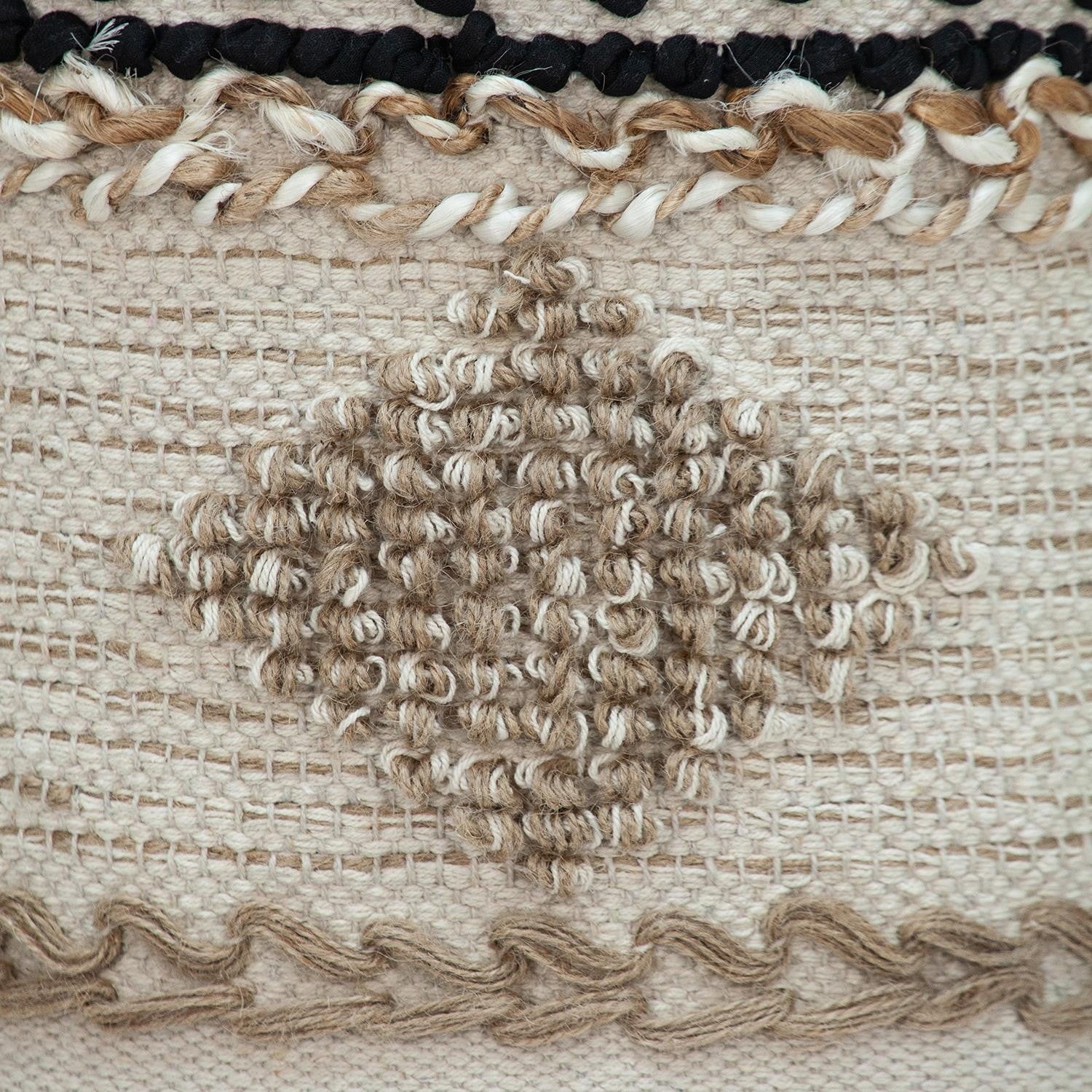 18" Beige and Brown Cotton Abstract Round Footstool