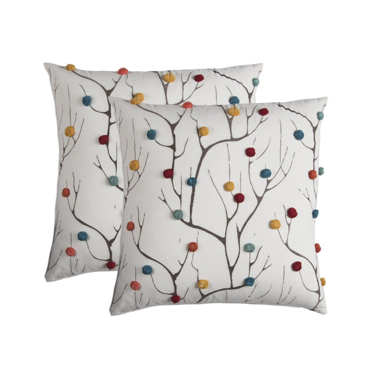 20" White And Black Coral Indoor Outdoor Throw Pillow With Pompoms