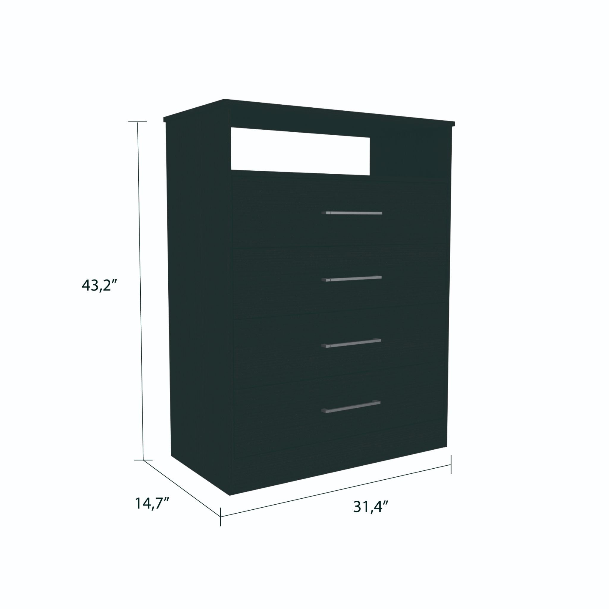 Modern Black Four Drawer Dresser with Hutch