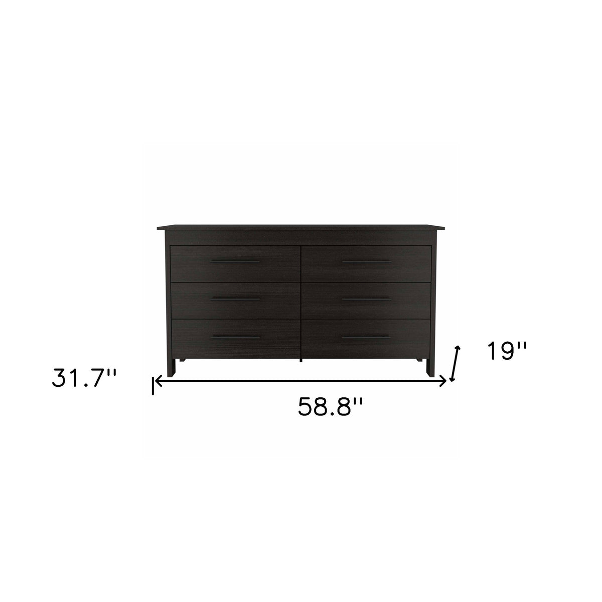 59" Black Wood Six Drawer Double Dresser