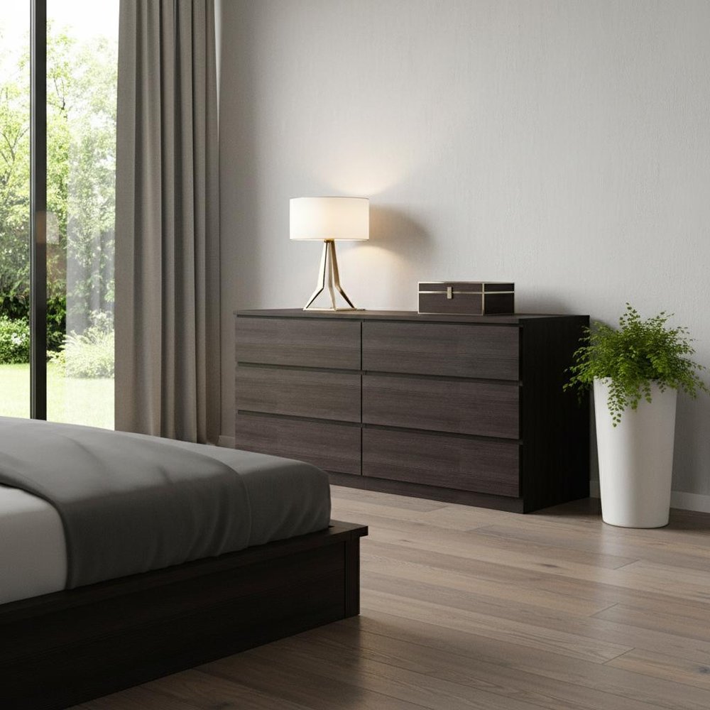 60" Black Six Drawer Double Dresser