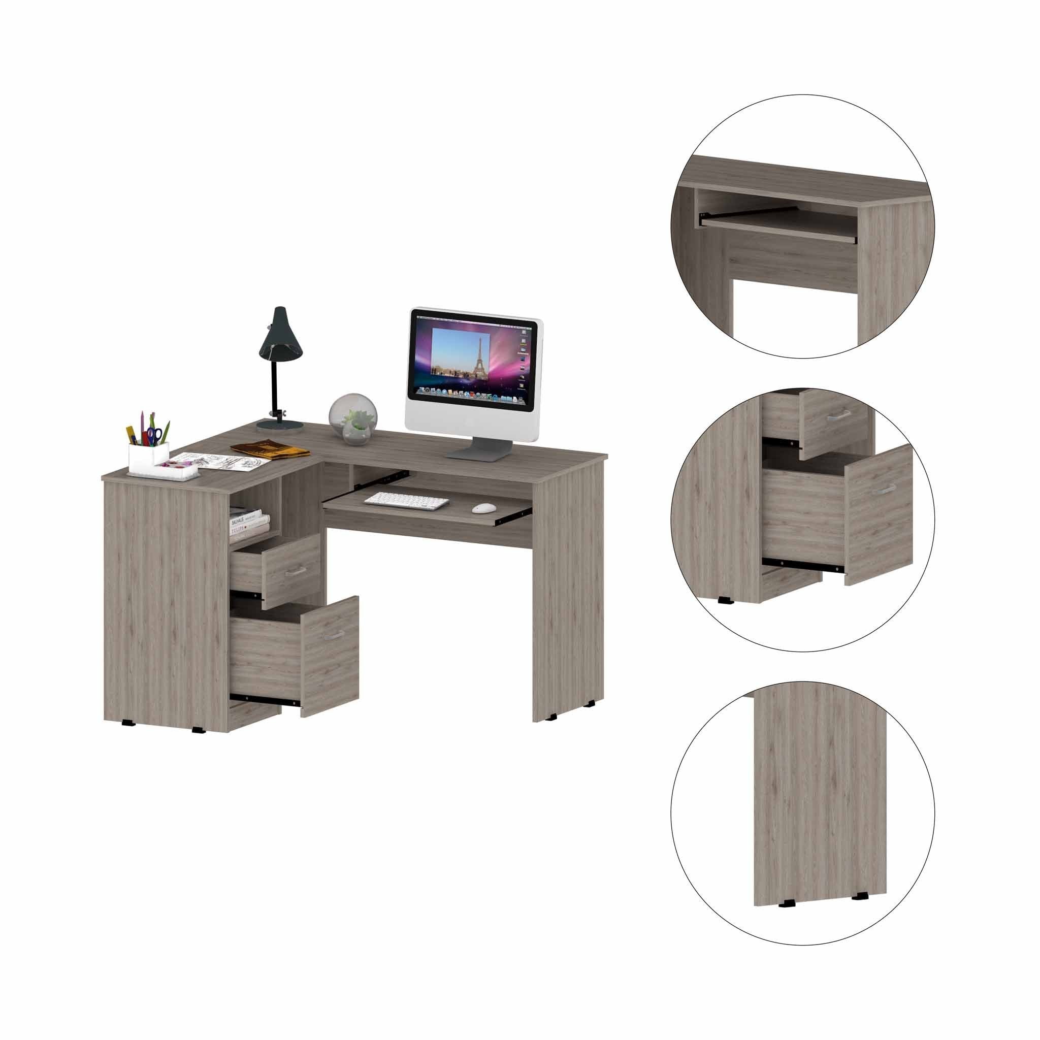 41" Light Gray L Shape Computer Desk With Two Drawers