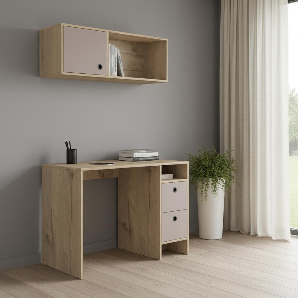 39" Taupe Computer Desk With Two Cabinets Two Drawers