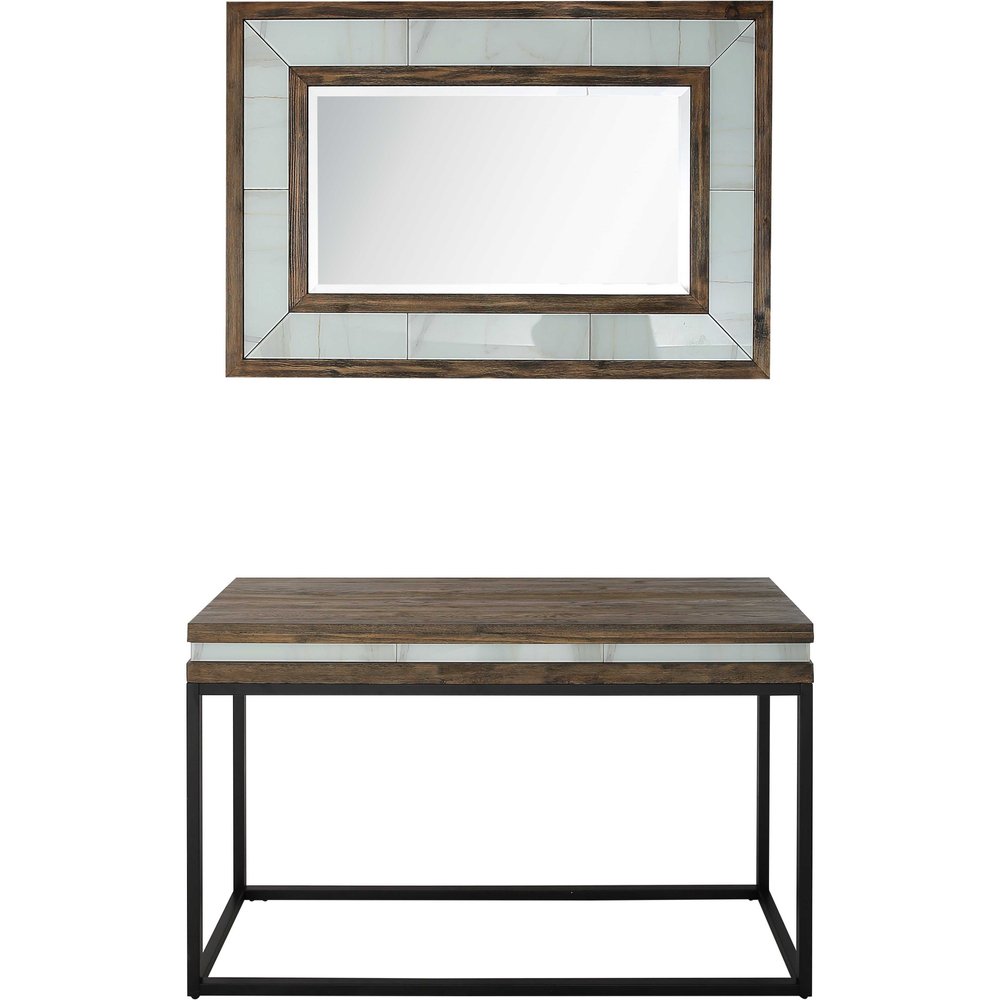47" Brown White and Black Solid Wood And Faux Marble Sled Console Table