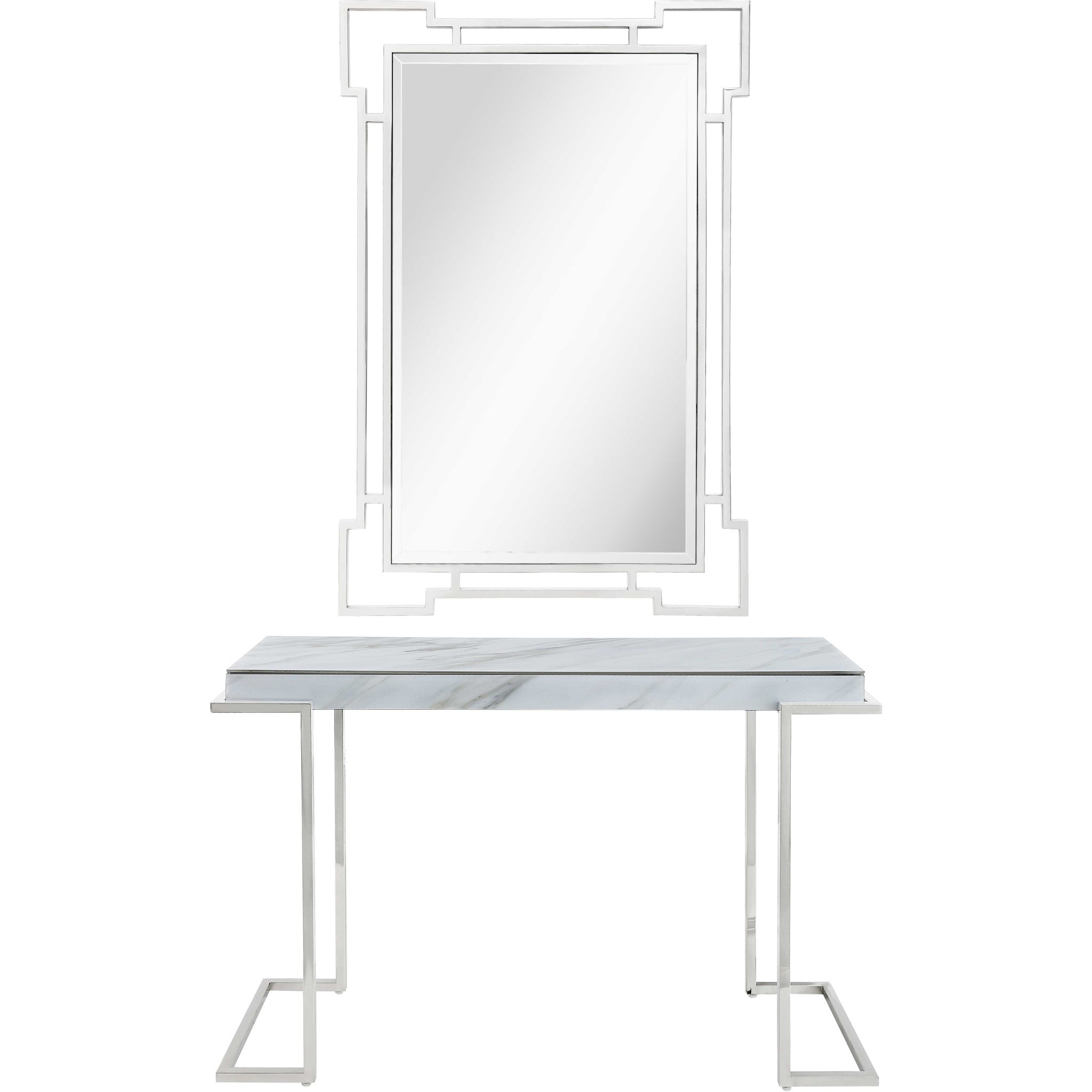 Set of Two 46" White and Silver Faux Marble Mirrored Sled Console Table
