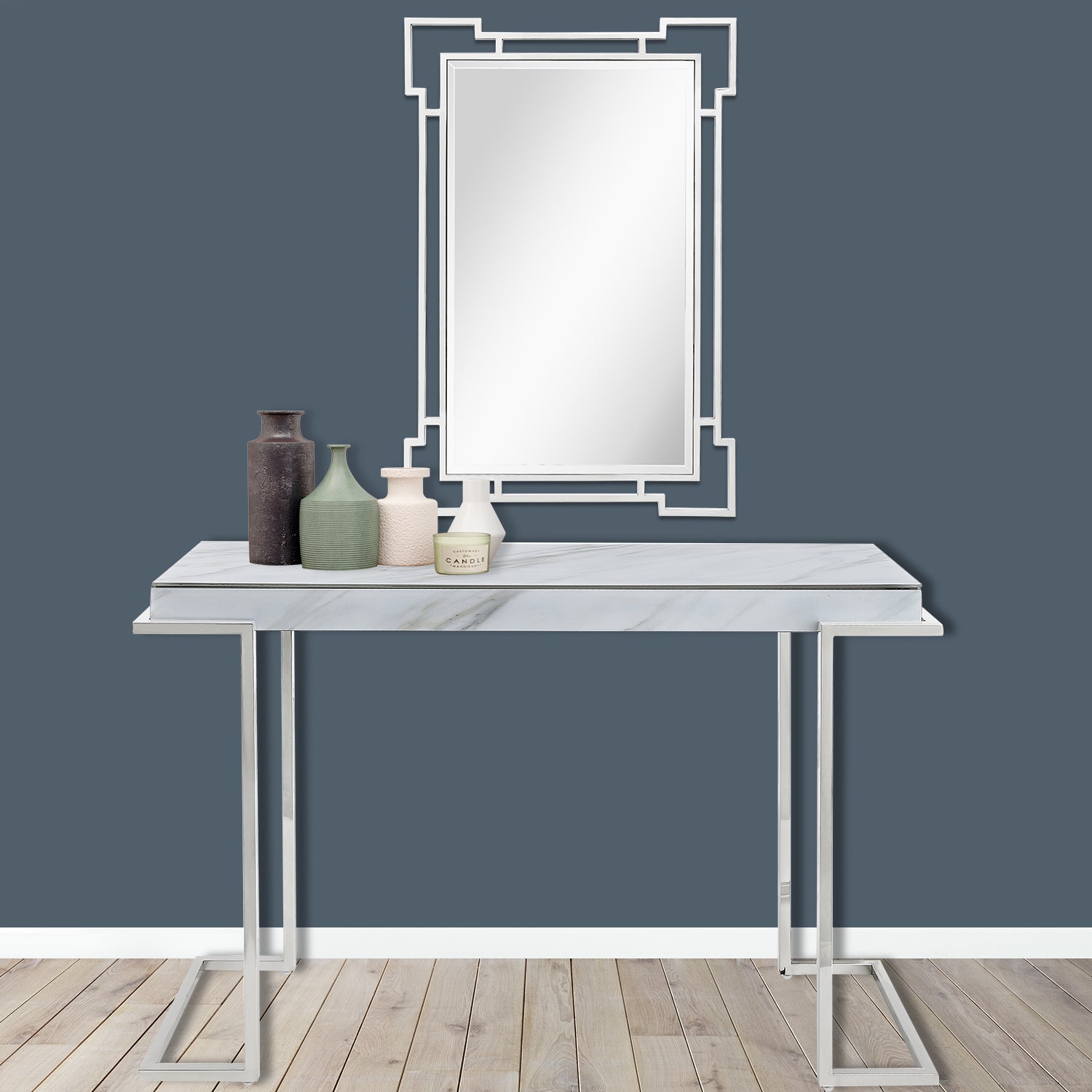 Set of Two 46" White and Silver Faux Marble Mirrored Sled Console Table