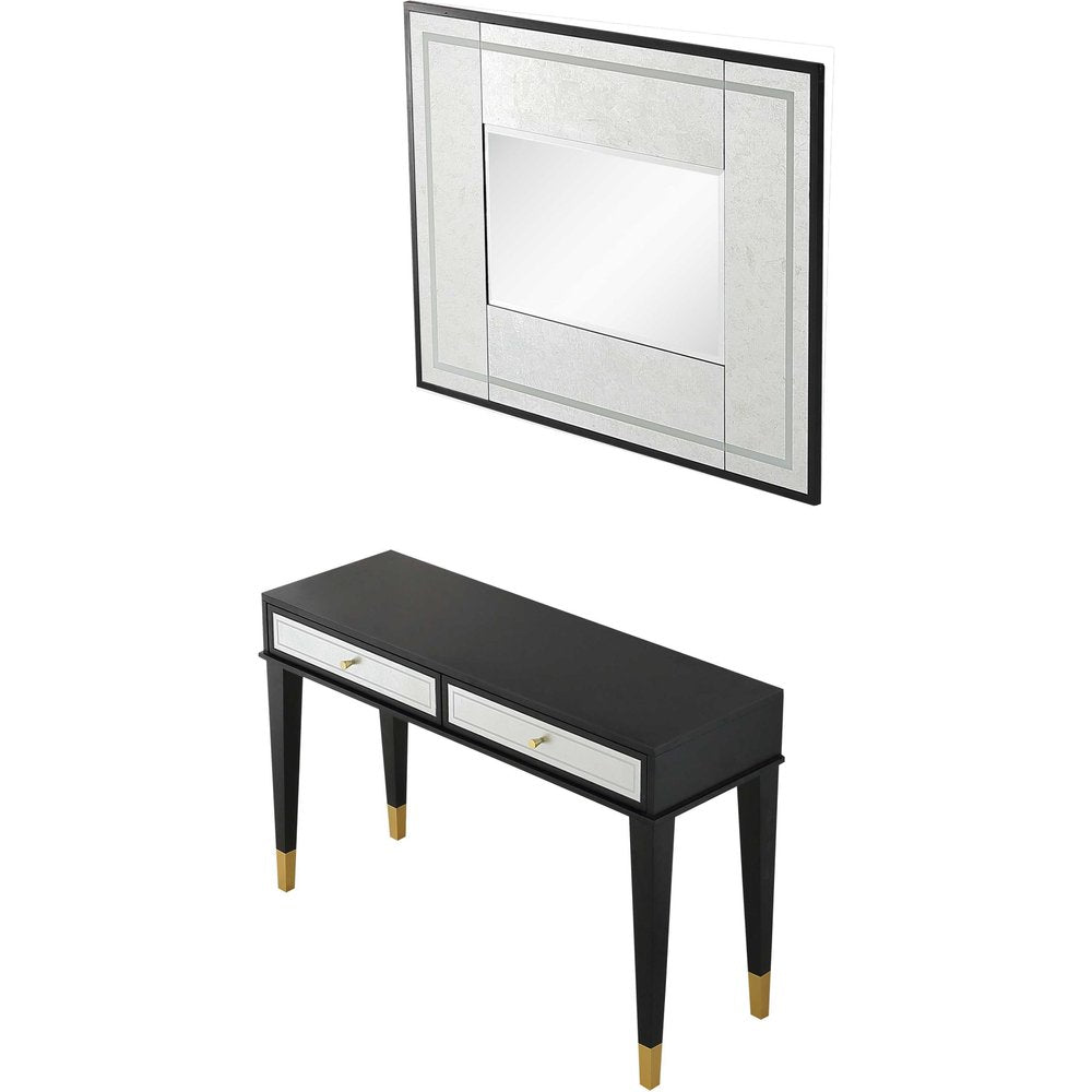 47" Black And Silver Mirrored Wood And Glass Console Table With Two Drawers