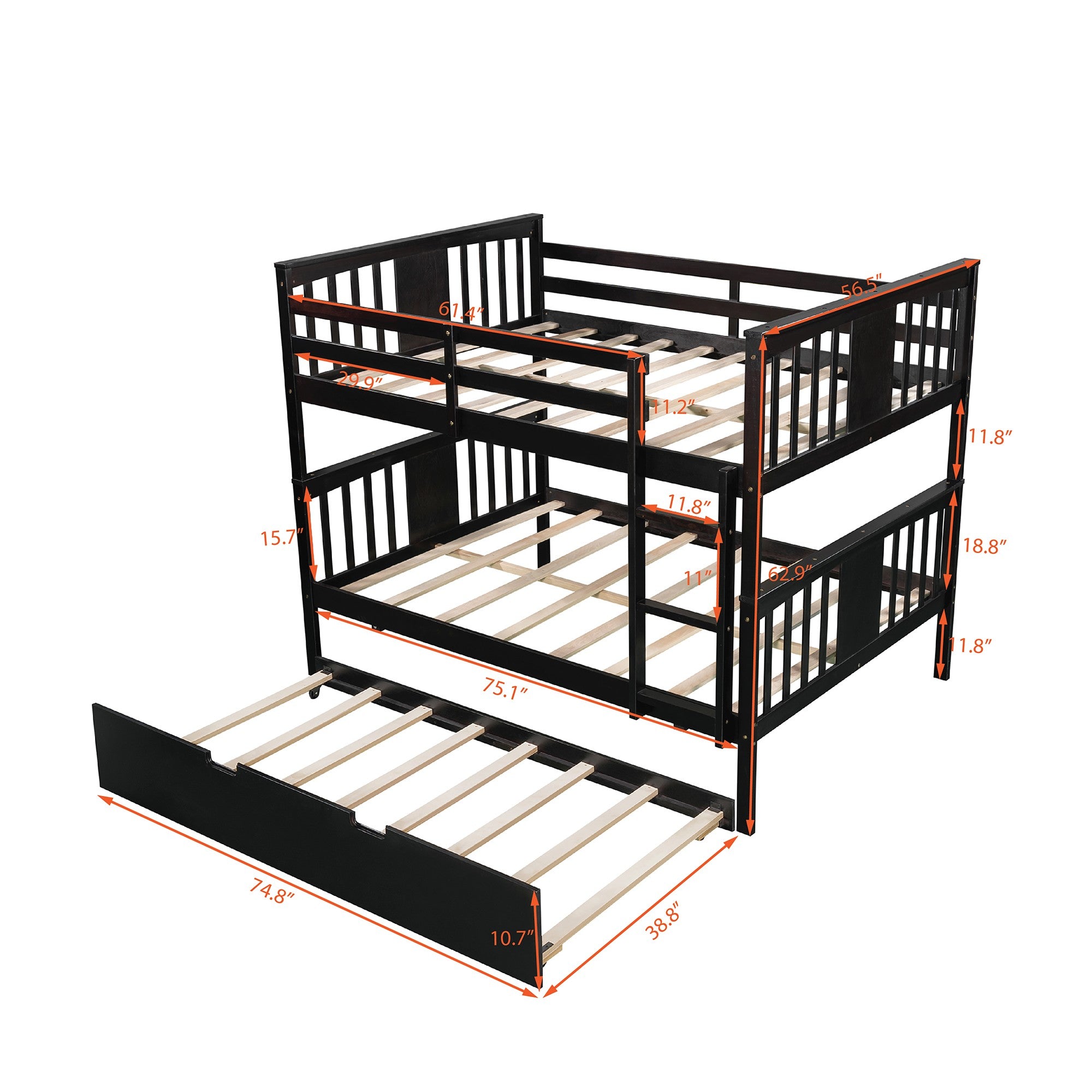 Brown Double Full Size Over Twin Trundle Bunk Bed