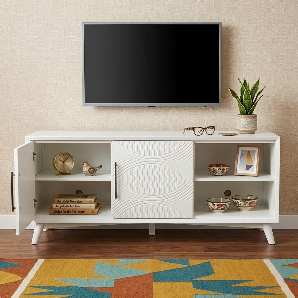 64" White Pine Solid Wood Open Shelving TV Stand