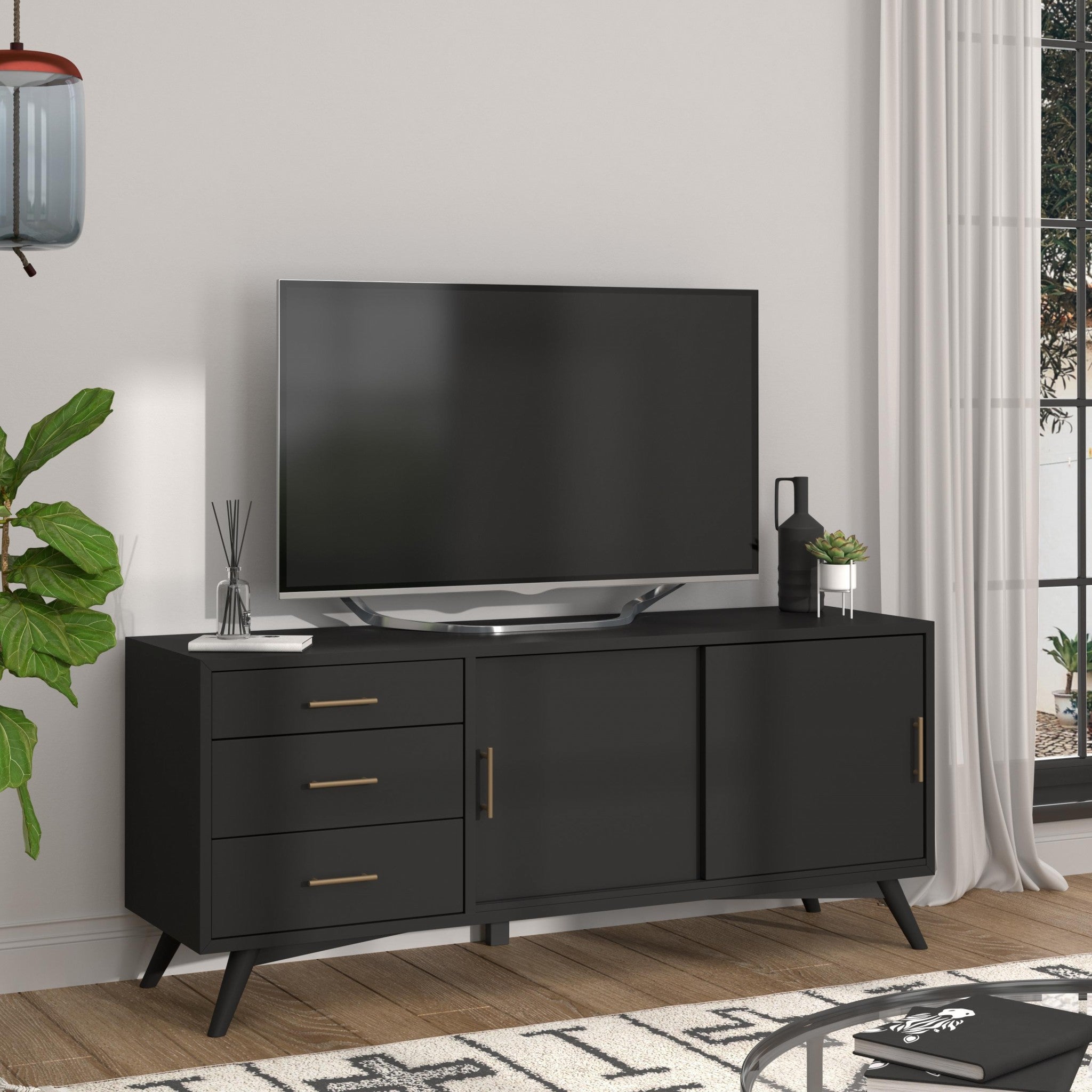 64" Black Mahogany Solid Wood Enclosed and Open Storage TV Stand