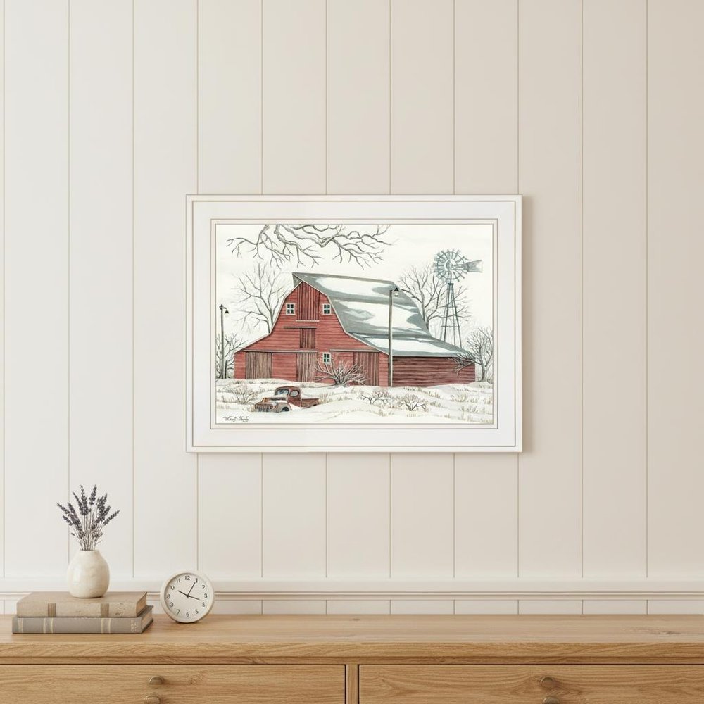 Winter Barn with Pickup Truck 1 White Framed Print Wall Art