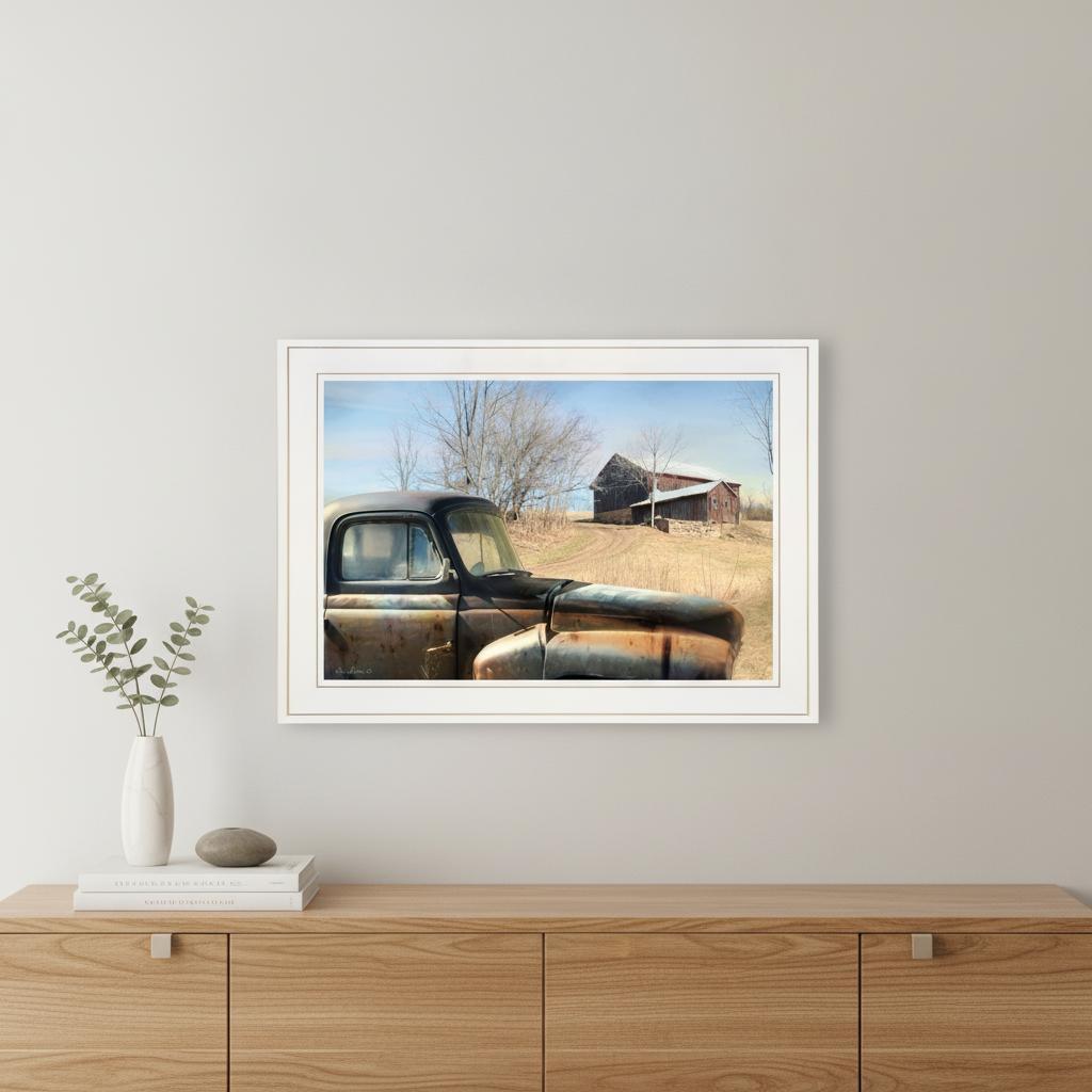 Vintage Farm Trucks 1 White Framed Print Wall Art
