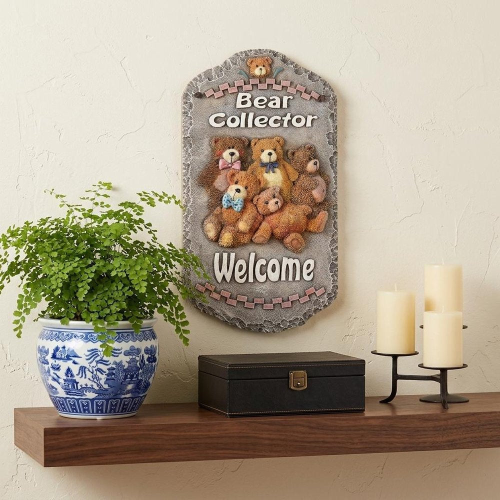 13" X 8" Gray Brown And Cream Bear Welcome Resin Wall Decor