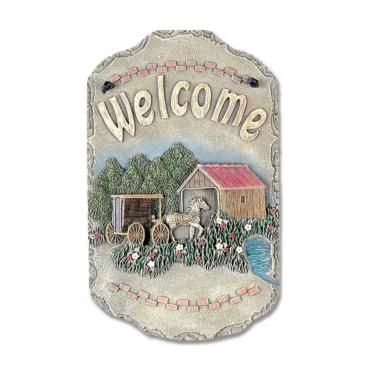 13" X 8" Gray Cream And Green Resin Horse Welcome Sign Wall Decor