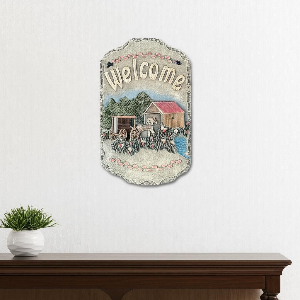 13" X 8" Gray Cream And Green Resin Horse Welcome Sign Wall Decor